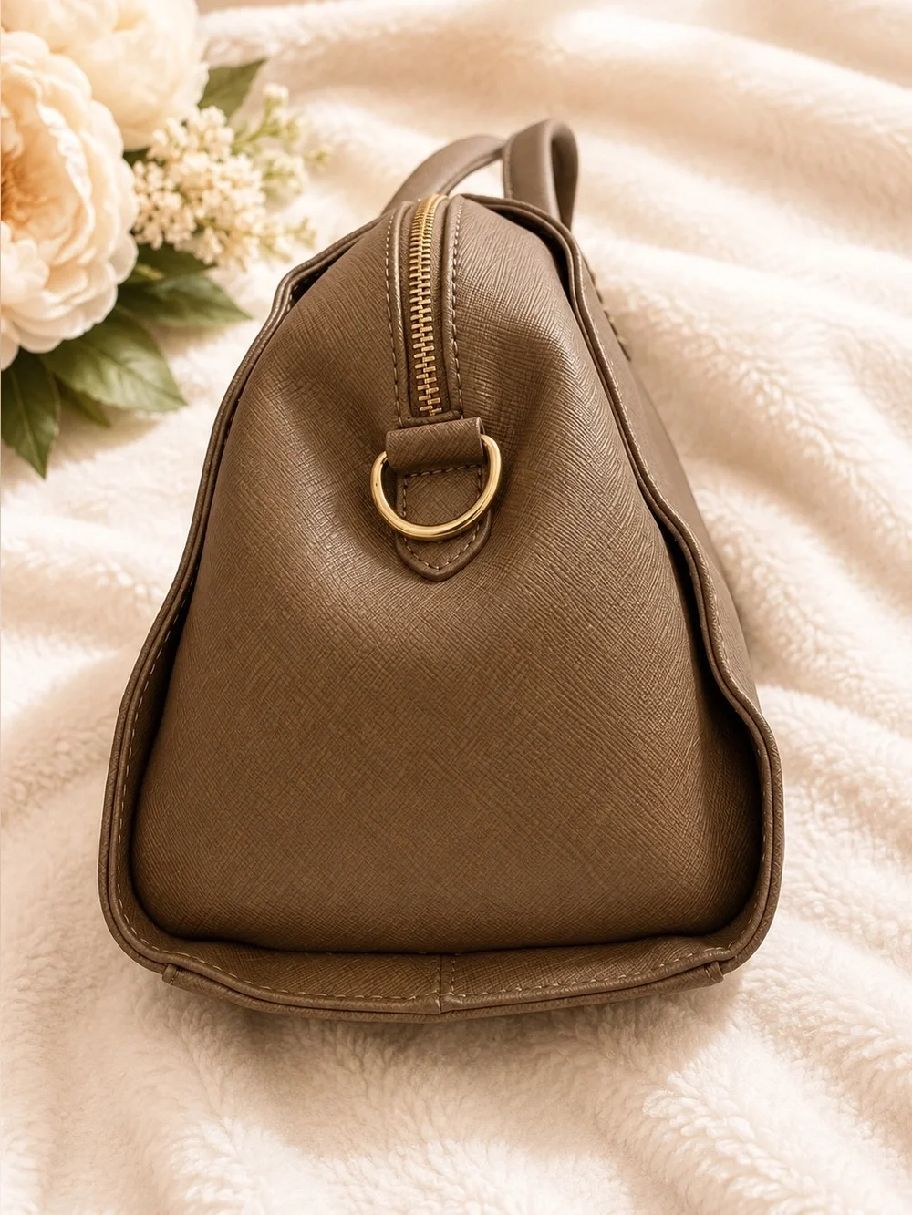 Tommy Hilfiger Olive-Taupe Saffiano Satchel with Gold Padlock